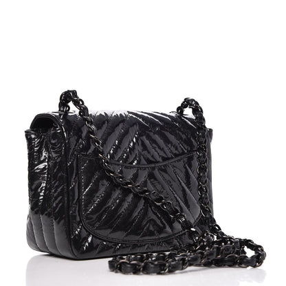 Chanel Metallic Patent Crumpled Calfskin Chevron Quilted Mini Square Flap Black 3 of 7