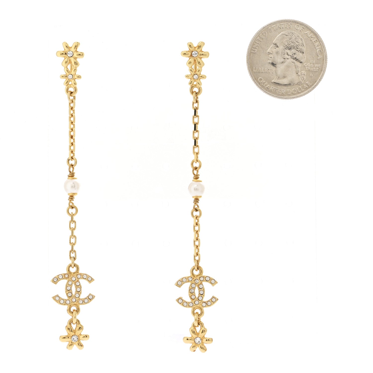 Chanel Pearl Crystal CC Flower Chain Long Drop Earrings Gold 2 of 5