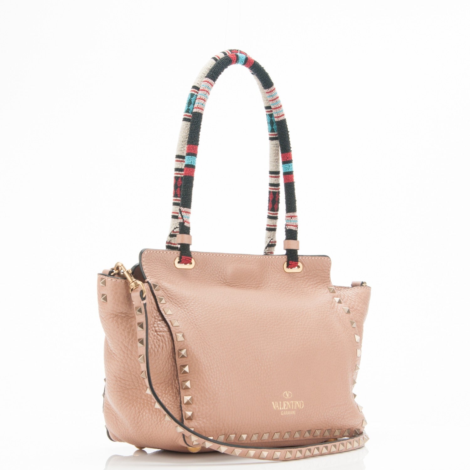 Valentino Garavani Pebbled Calfskin Beaded Small Rockstud Tote Nude 3 of 7