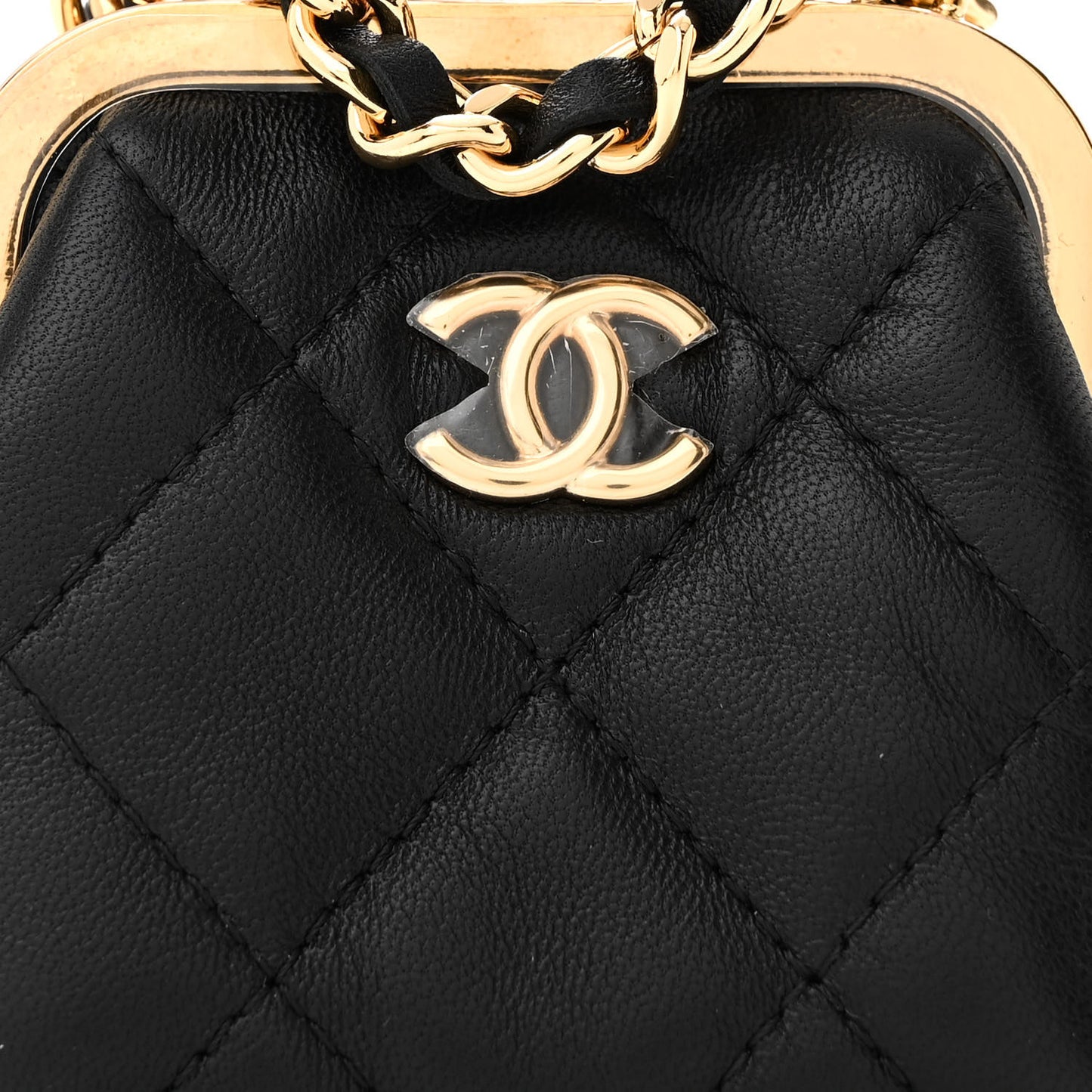 Lambskin Quilted Mini Kiss Lock Clutch With Chain Black