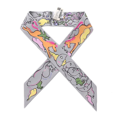Hermes Silk Mille Et Un Lapins Twilly Gris Perle Rose Jaune 1 of 4
