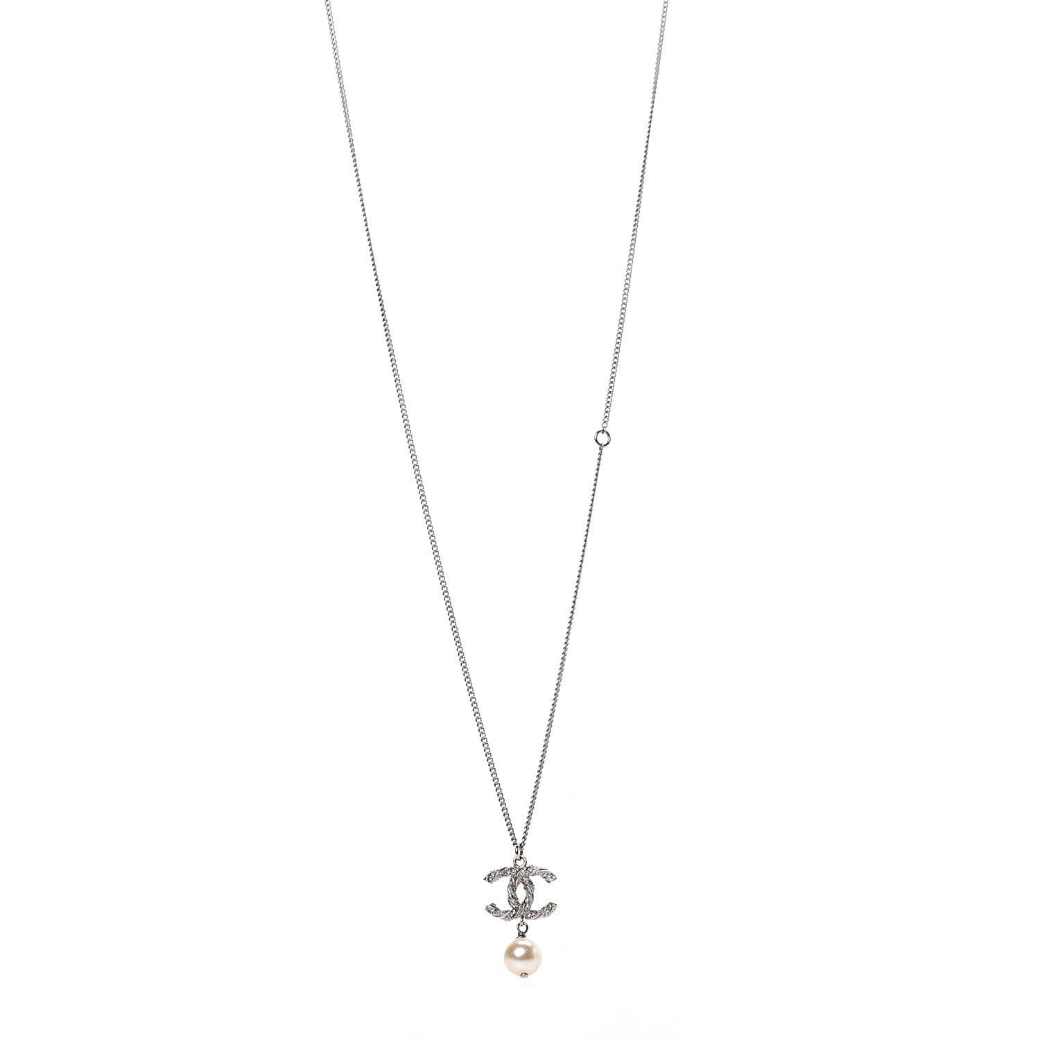 Chanel Crystal Pearl Twisted CC Drop Necklace Silver 1 of 4