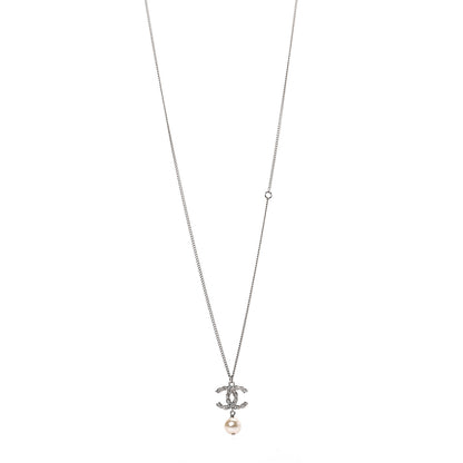 Chanel Crystal Pearl Twisted CC Drop Necklace Silver 1 of 4