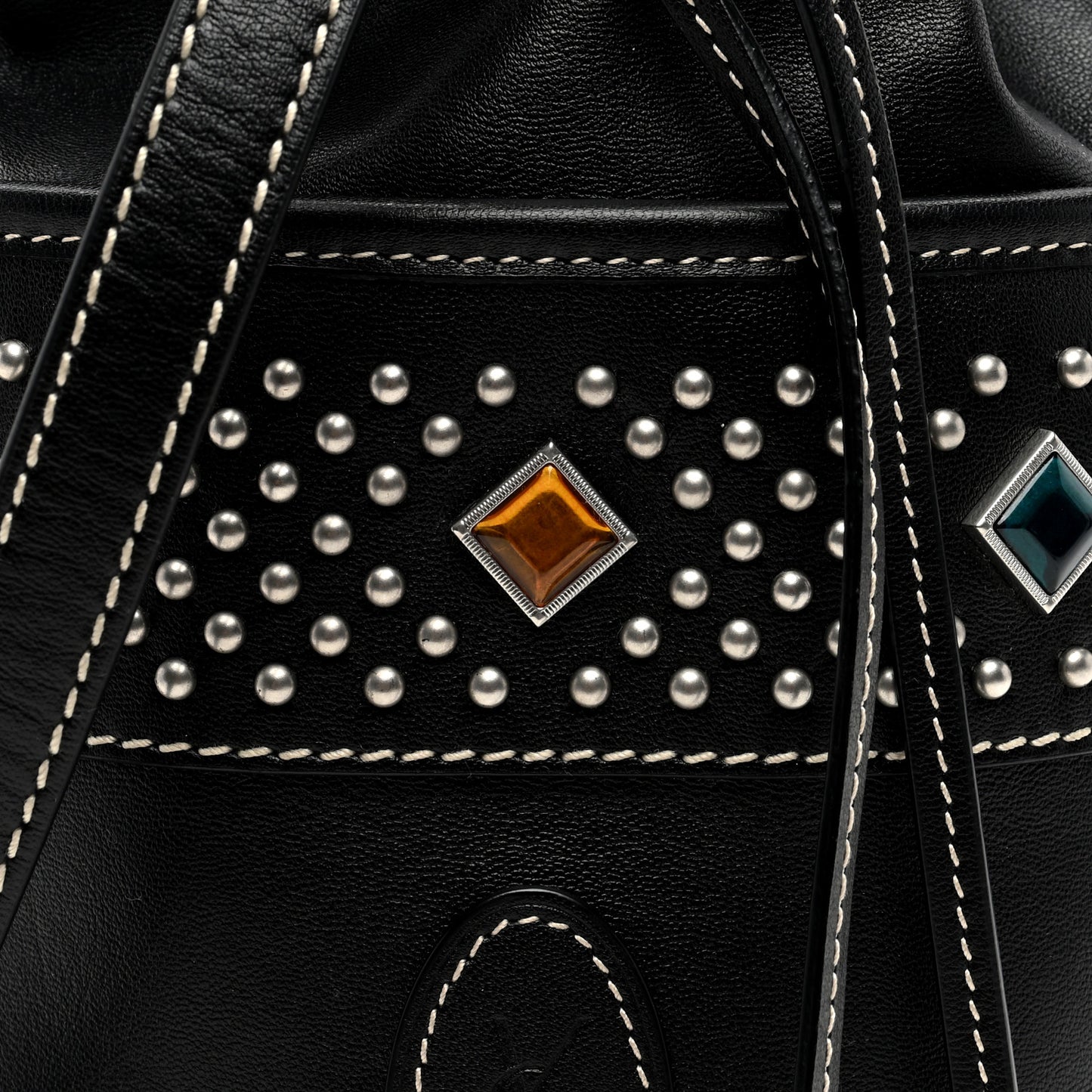 Smooth Calfskin Studded Small Bahia Drawstring Bucket Bag Black Multicolor