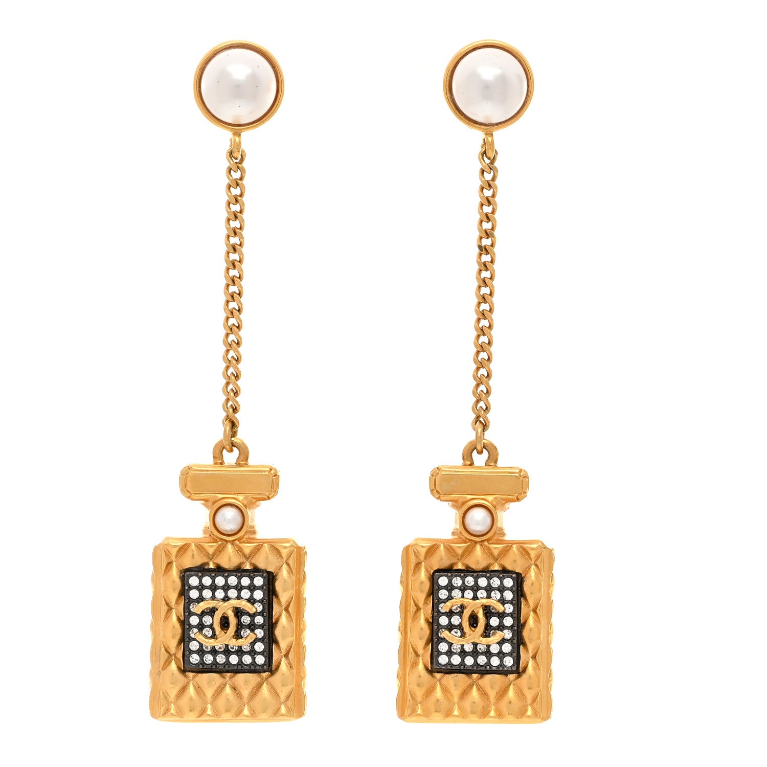 Chanel Crystal Pearl CC Perfume Bottle Chain Drop Earrings Gold 1 of 5