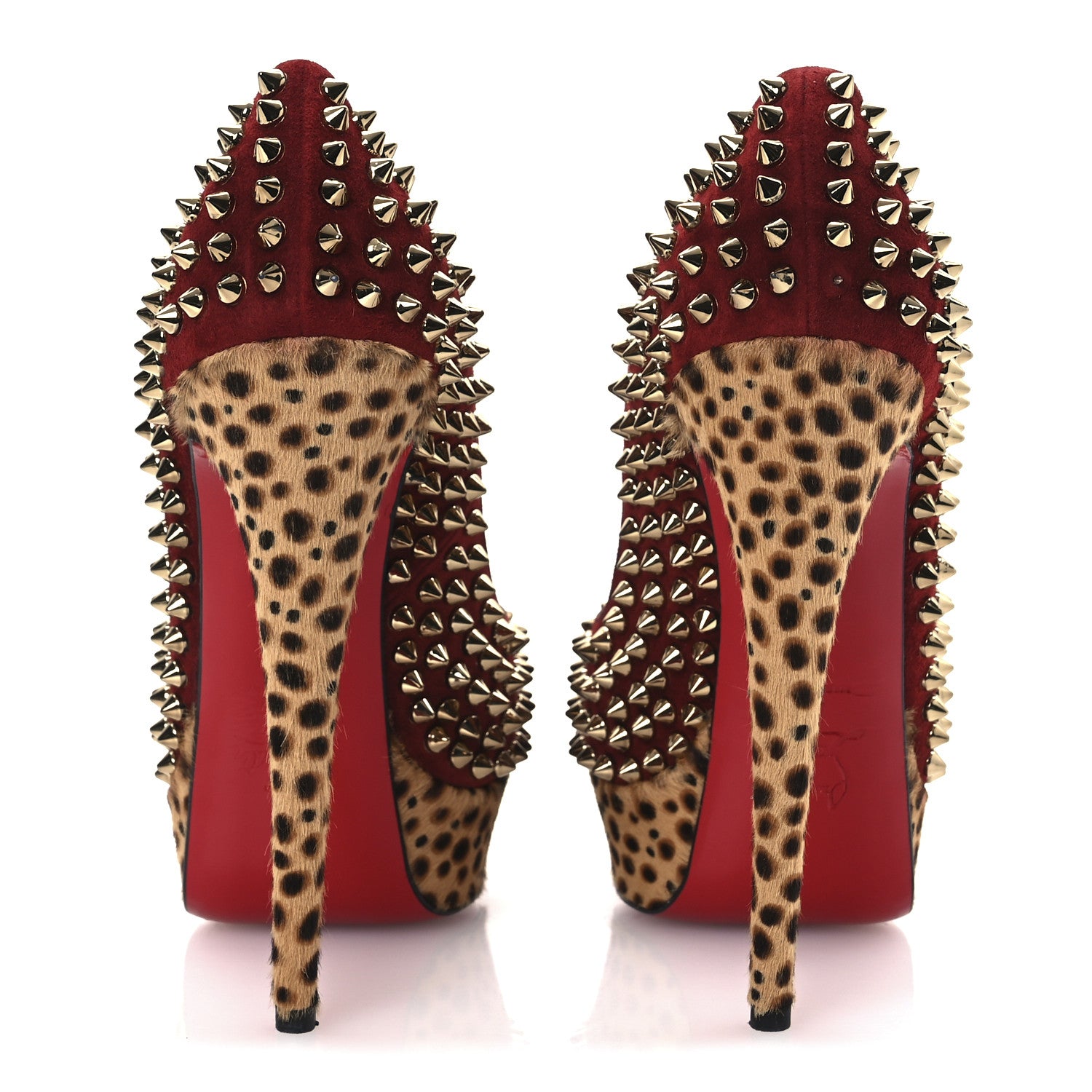 Christian Louboutin Veau Velours Calf Hair Leopard Lady Peep Spikes 150 Pumps 38 Red 6 of 13