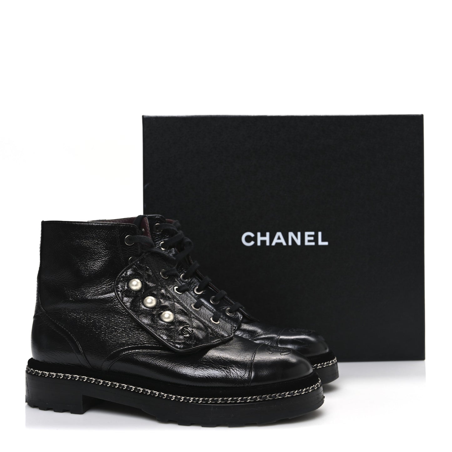 Crackled Calfskin Velvet Pearl Combat Short Boots 39 Black