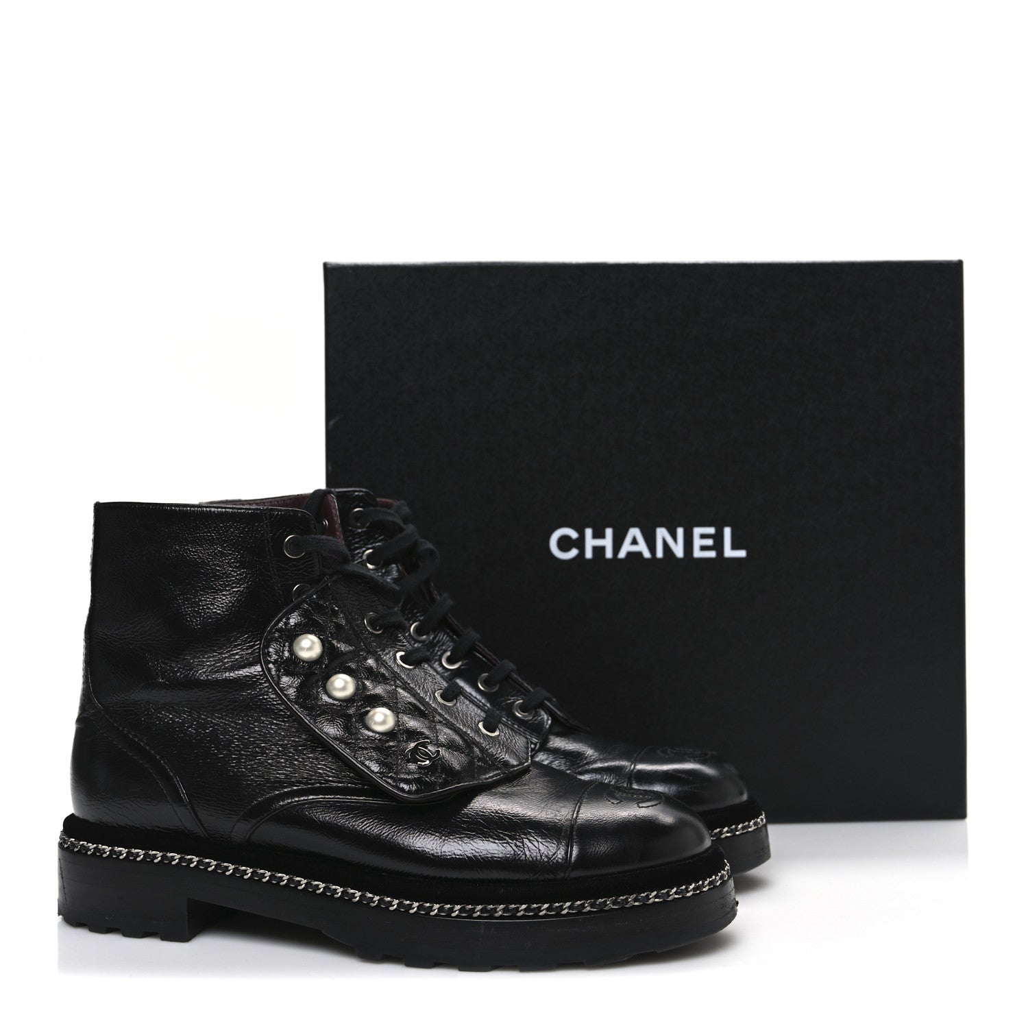 Chanel Crackled Calfskin Velvet Pearl Combat Short Boots 39 Black 11 of 11