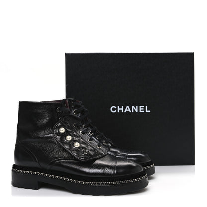 Chanel Crackled Calfskin Velvet Pearl Combat Short Boots 39 Black 11 of 11