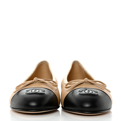 Chanel Lambskin Cap Toe CC Ballerina Flats 37.5 Beige Black 2 of 9