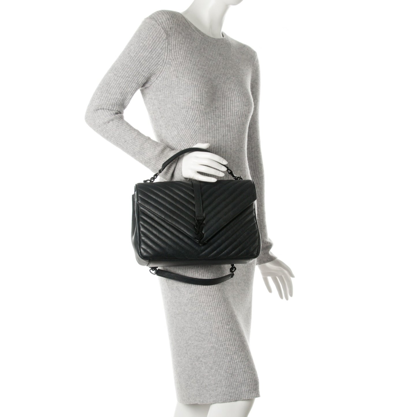 Sheepskin Matelasse Chevron Monogram Monochrome Large College Satchel Black