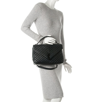 Saint Laurent Sheepskin Matelasse Chevron Monogram Monochrome Large College Satchel Black 2 of 8