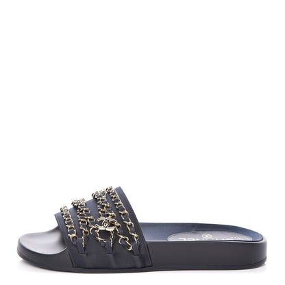 Chanel Satin Chain Slides Sandals Flats 37 Marine 1 of 11