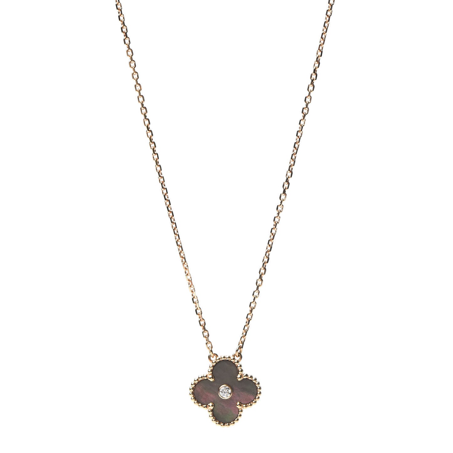 18K Rose Gold Diamond Grey Mother of Pearl Vintage Alhambra Pendant Necklace