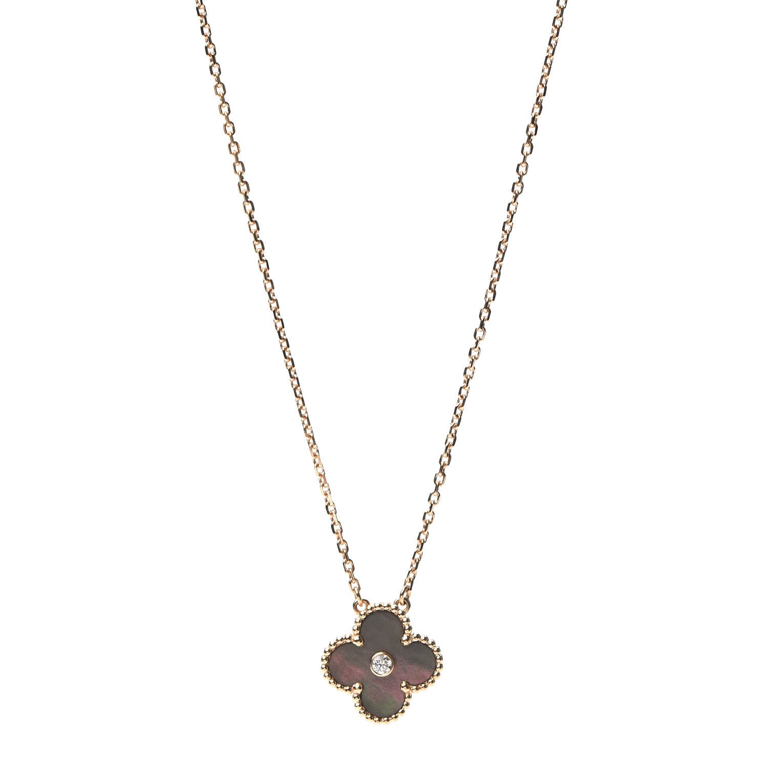 Van Cleef & Arpels 18K Rose Gold Diamond Grey Mother of Pearl Vintage Alhambra Pendant Necklace 1 of 8
