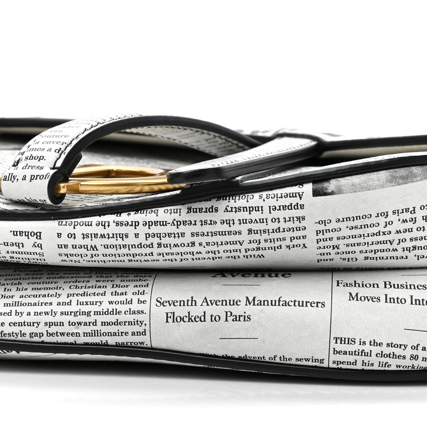 Calfskin Newspaper Printed Saddle Bag With Strap Black White