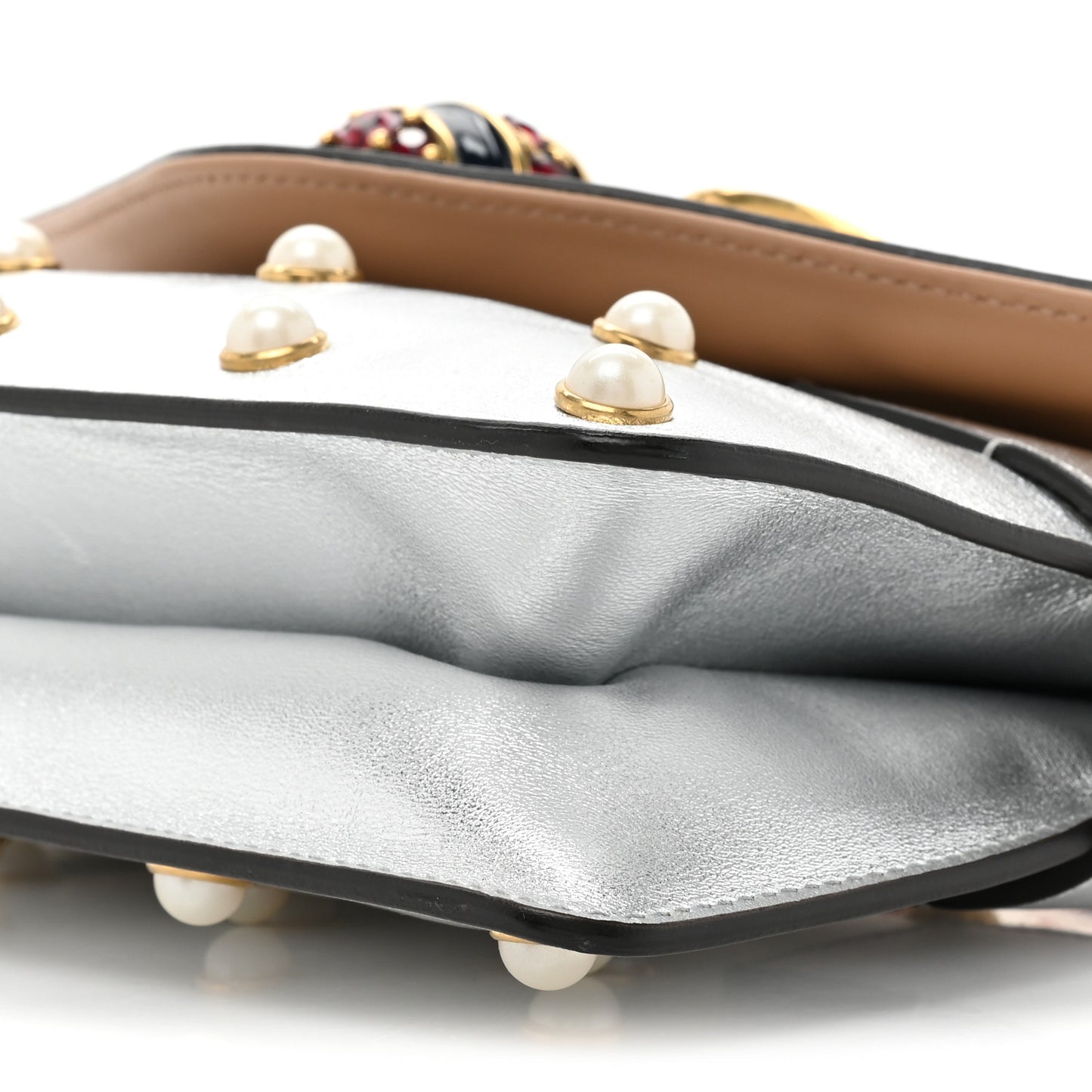 Metallic Nappa Pearl Studded Mini Queen Margaret Broadway Shoulder Bag Silver