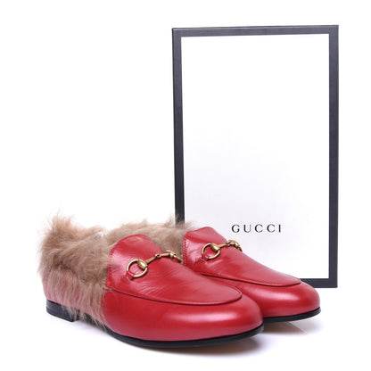 Gucci Malaga Kid Fur Womens Jordaan Loafers 38 Hibiscus Red Natural 11 of 11
