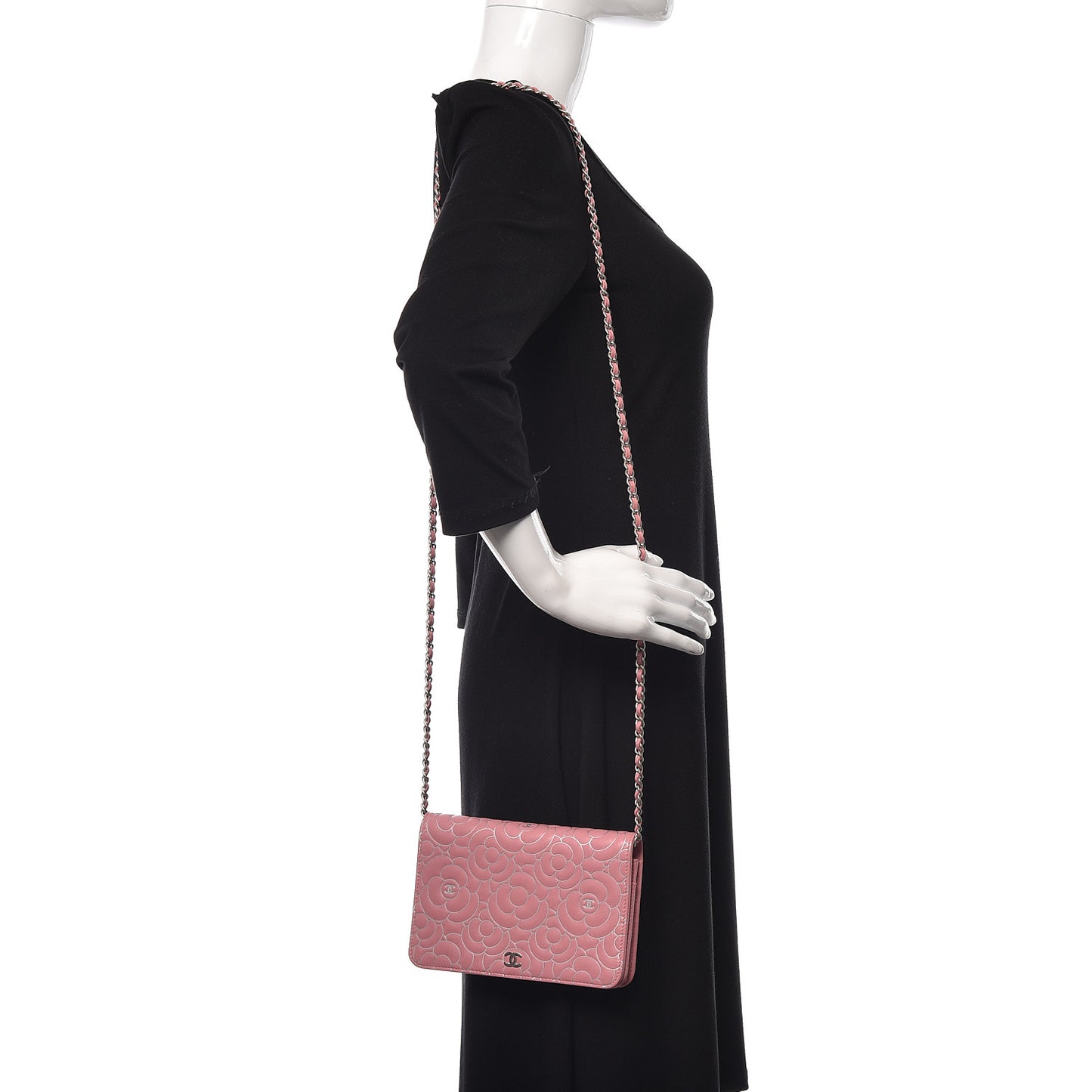 Lambskin Camellia Embossed Wallet On Chain WOC Pink