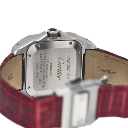 Cartier Stainless Steel Alligator 33mm Santos 100 Automatic Watch Red 4 of 5