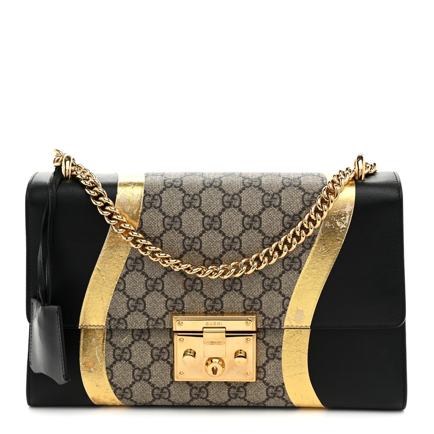 Gucci Calfskin GG Supreme Monogram Medium Padlock Shoulder Bag Black Gold 1 of 15