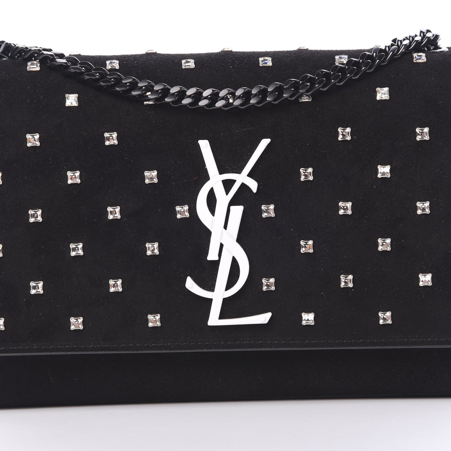 Suede Crystal Studded Monogram Small Kate Satchel Black