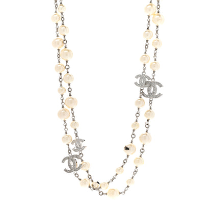 Chanel Graduated Pearl Crystal CC Long Necklace Silver 1 of 10