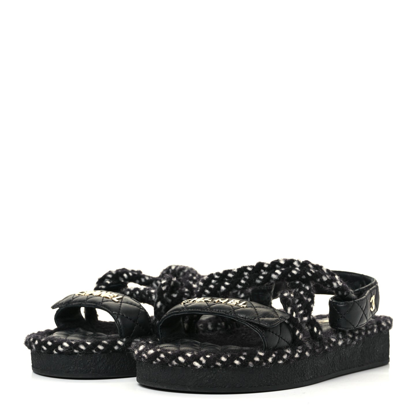 Cord Lambskin Quilted Logo Sandals 37 Black