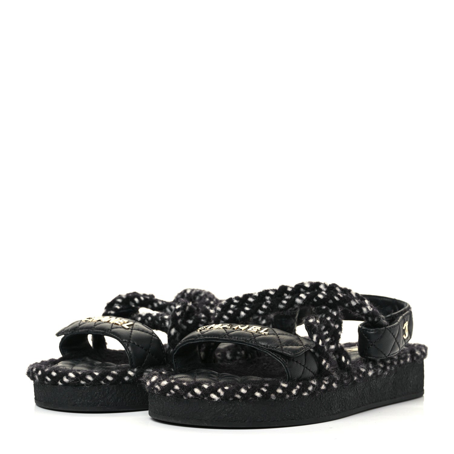 Chanel Cord Lambskin Quilted Logo Sandals 37 Black 3 of 8