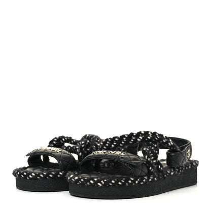 Chanel Cord Lambskin Quilted Logo Sandals 37 Black 3 of 8