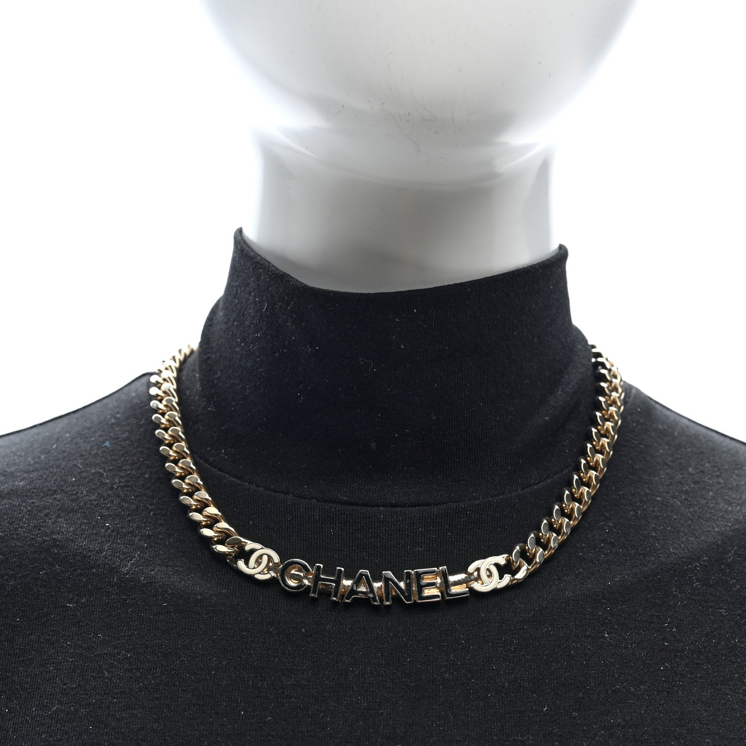Chanel Enamel Metal Logo Choker Necklace Gold Black White 3 of 8
