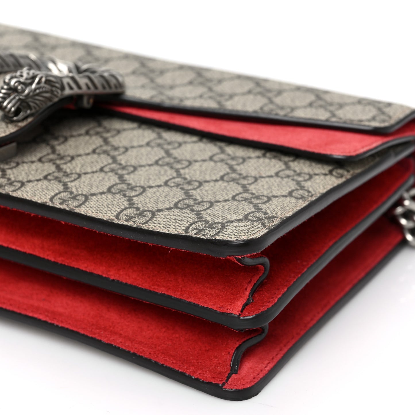 GG Supreme Monogram Suede Small Dionysus Shoulder Bag Beige Ebony Vulcanic Red