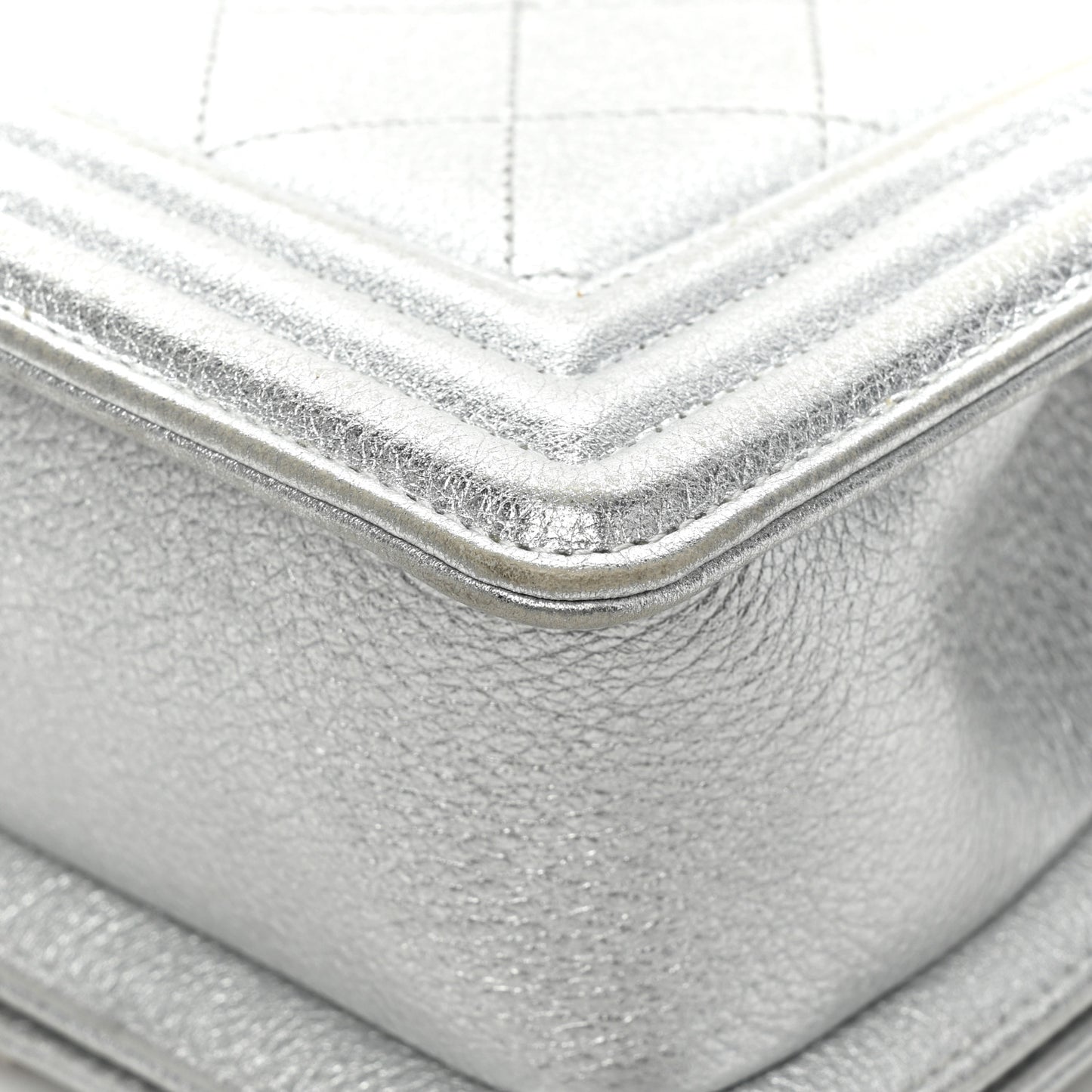 Metallic Calfskin Camellia Quilted Small Boy Flap Silver