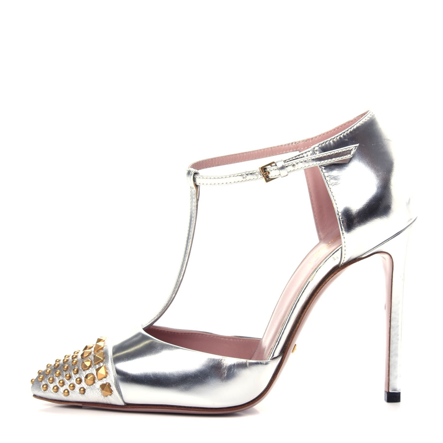 Gucci Metallic Calfskin Studded Cap Toe T Strap Pumps 35.5 Argento 1 of 9
