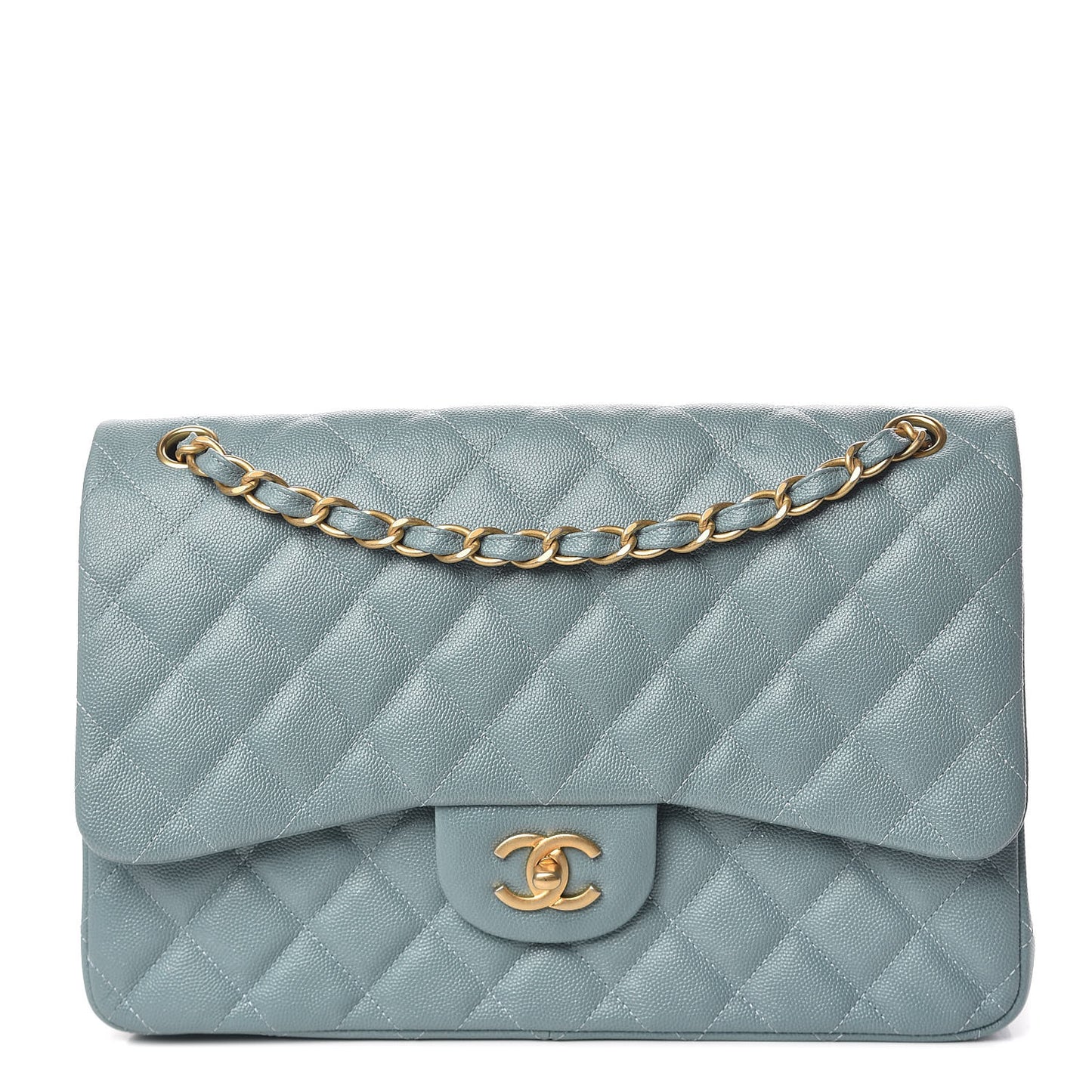 Iridescent Caviar Quilted Jumbo Double Flap Light Blue