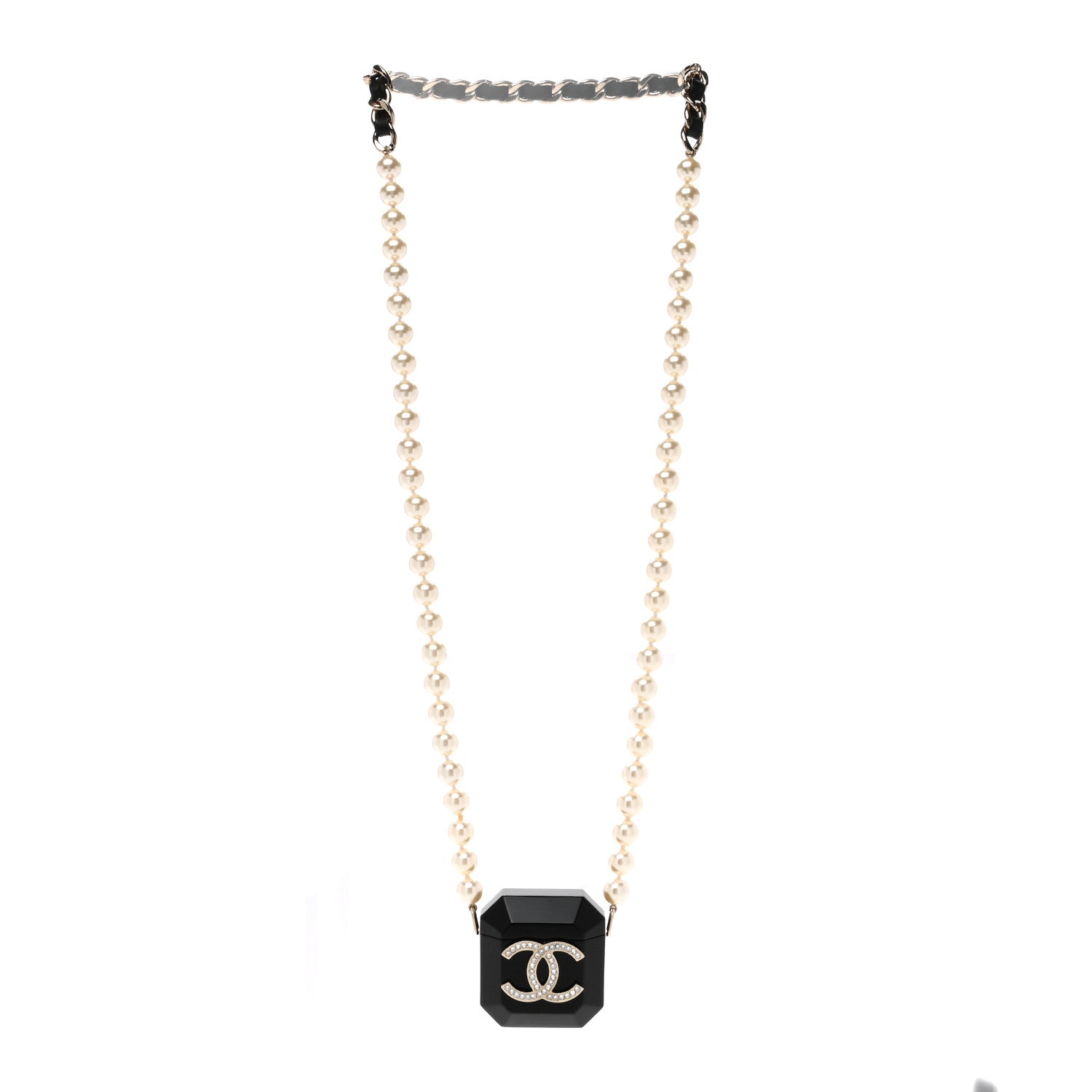 Chanel Resin Crystal Pearl Airpods Holder Necklace Black Pearly White 3 of 4