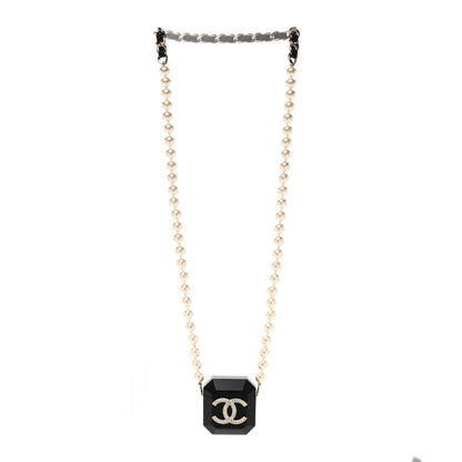 Chanel Resin Crystal Pearl Airpods Holder Necklace Black Pearly White 3 of 4