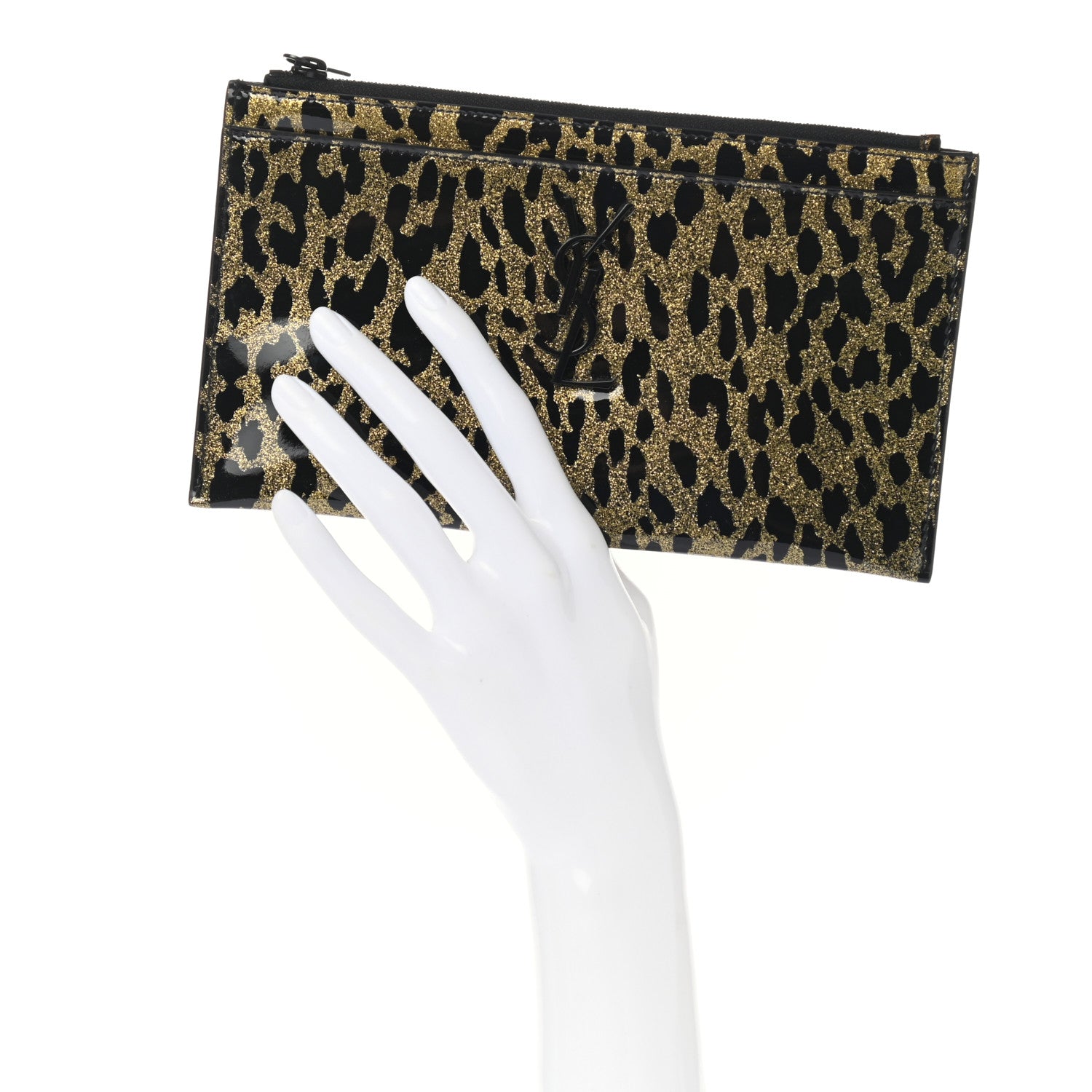 Saint Laurent Patent Glitter Leopard Monogram Zip Pouch Gold Black 2 of 7