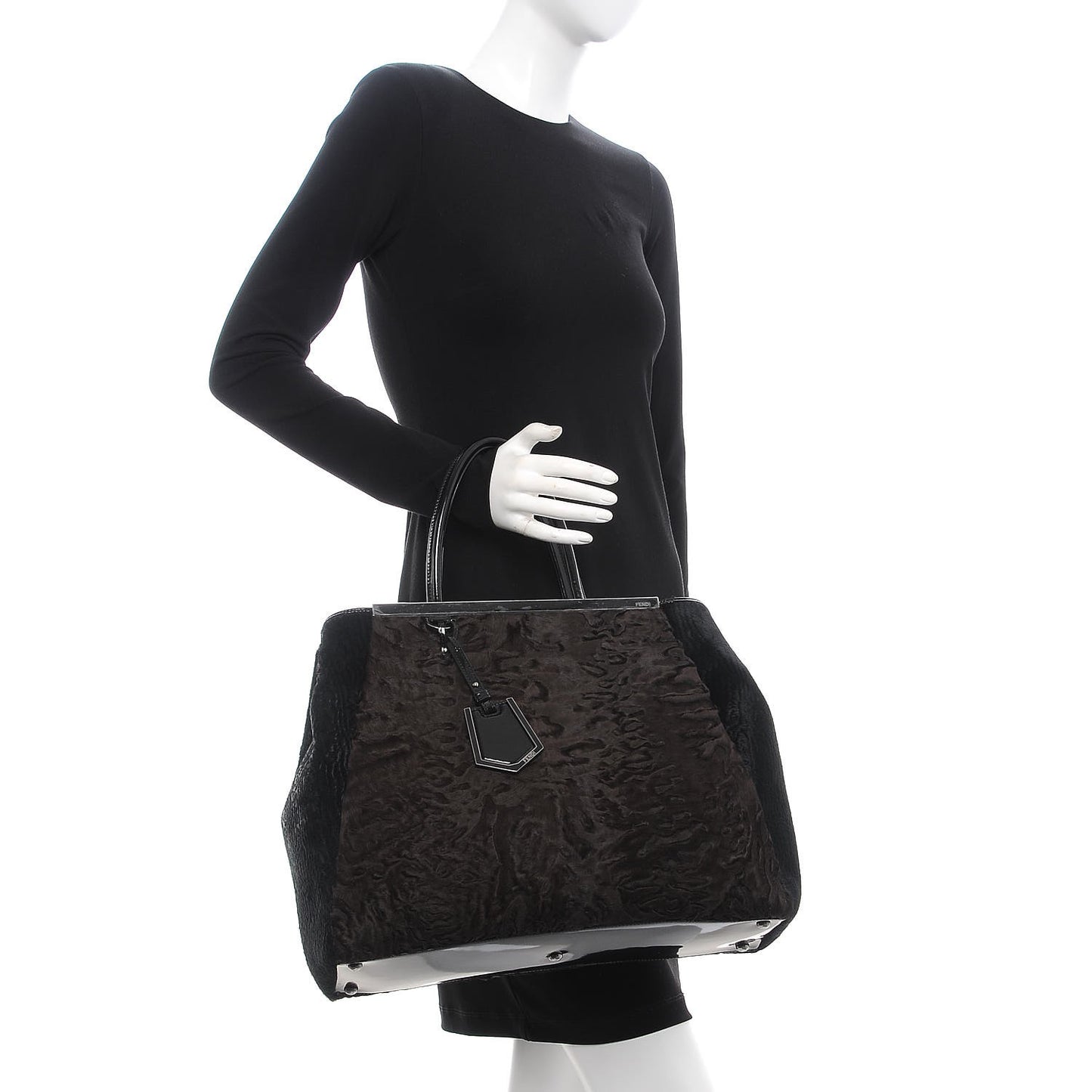 Astrakhan Shearling Patent Large 2Jours Tote Brown Black