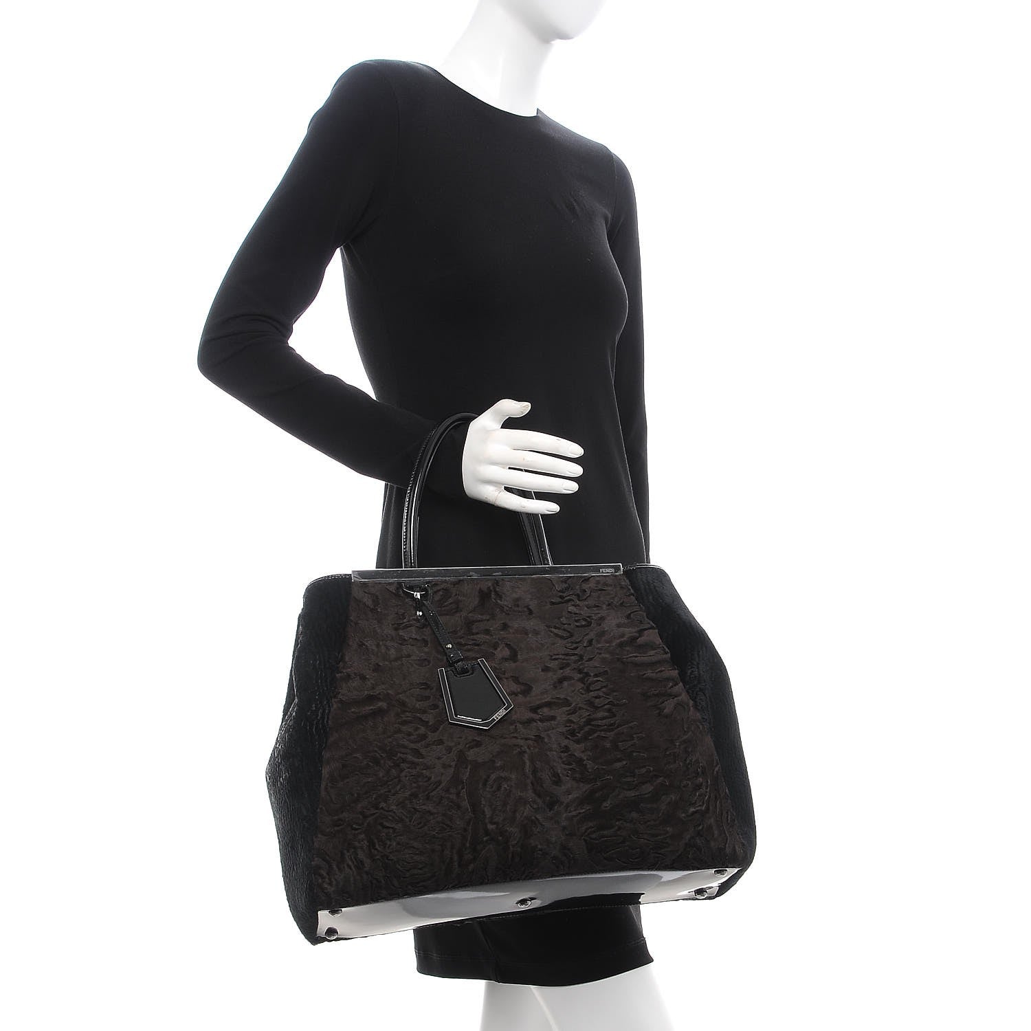 Fendi Astrakhan Shearling Patent Large 2Jours Tote Brown Black 2 of 10