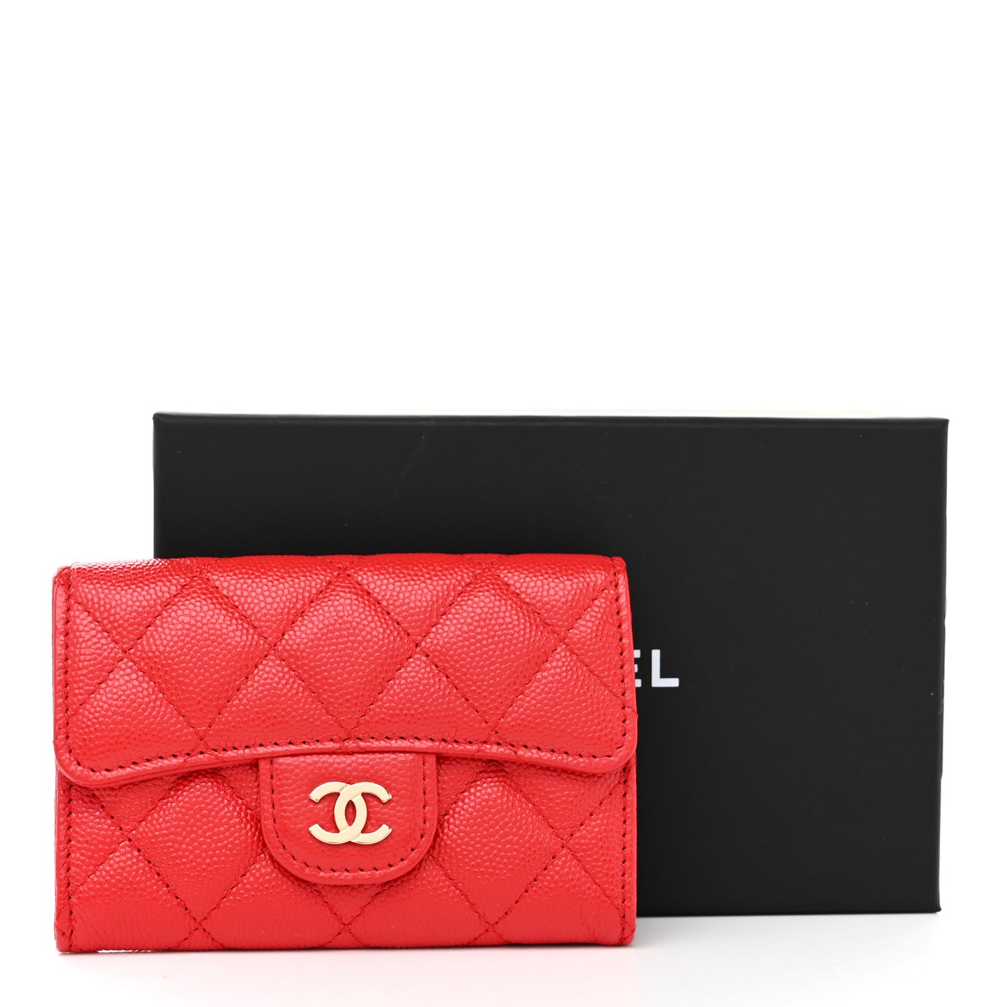 Caviar Quilted Flap Card Holder Wallet Red