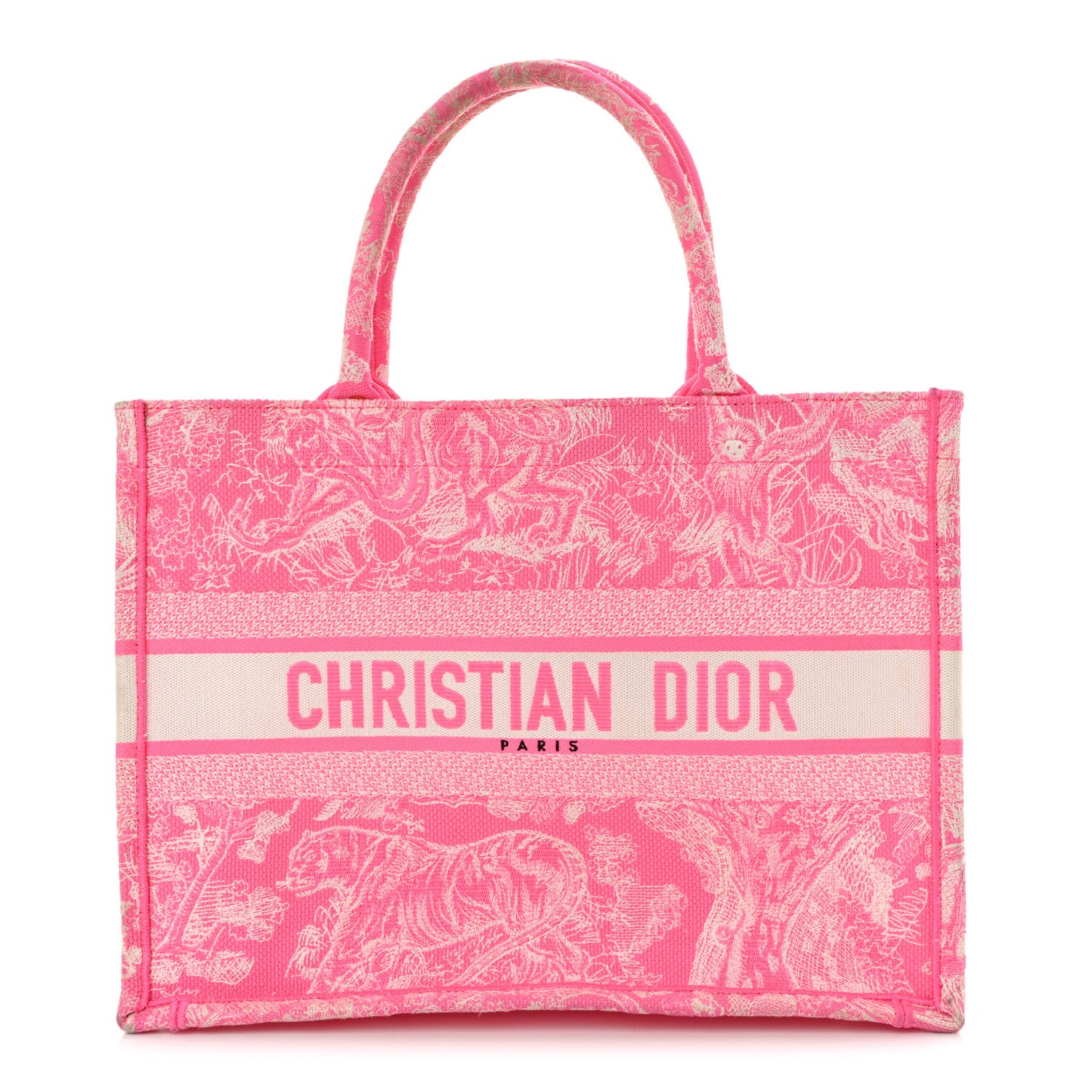 Christian Dior Canvas Embroidered Medium Dioriviera Toile De Jouy Book Tote Fluorescent Pink 1 of 12