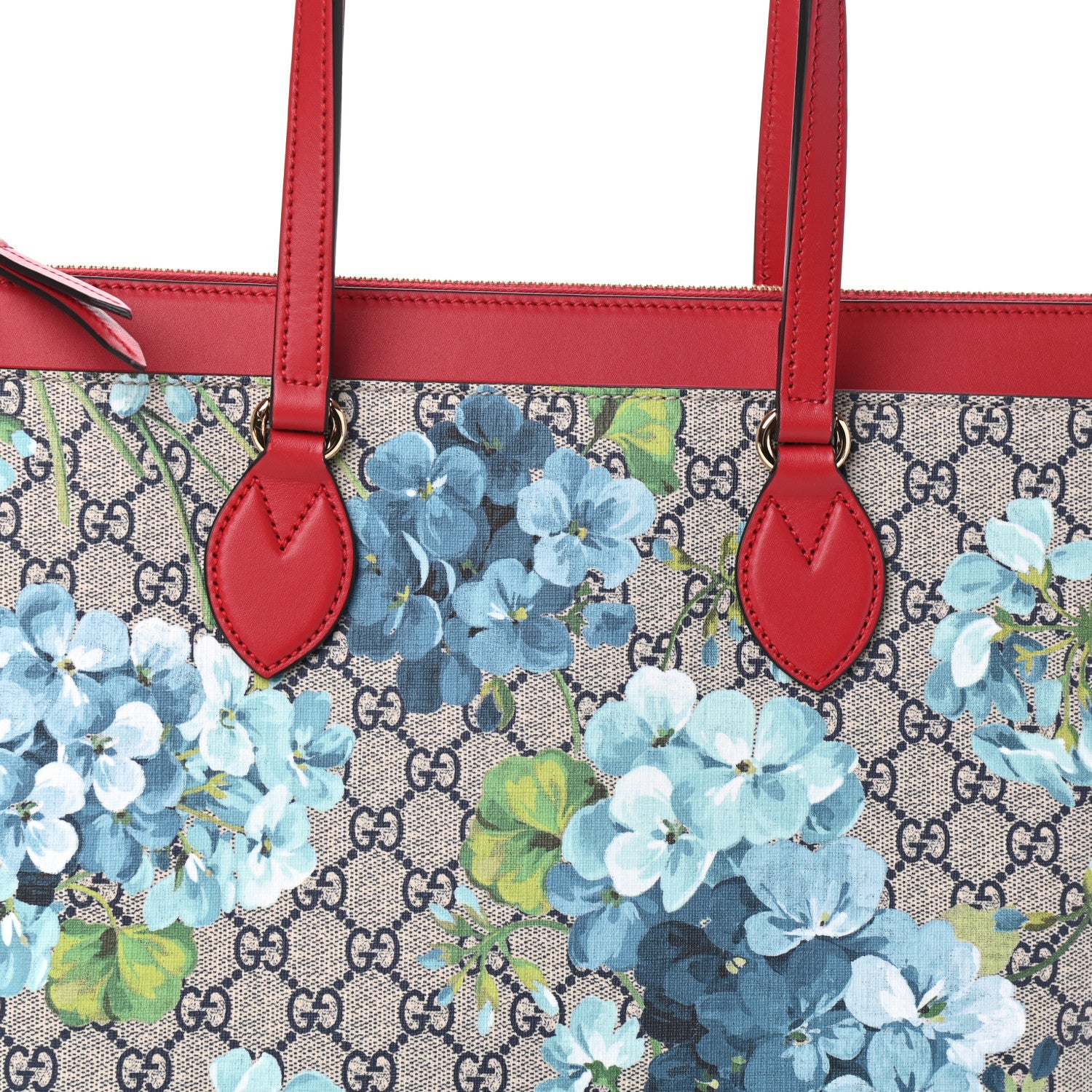 Gucci GG Supreme Monogram Blooms Medium Zippered Bucket Tote Beige Blue Navy Hibiscus Red 7 of 9