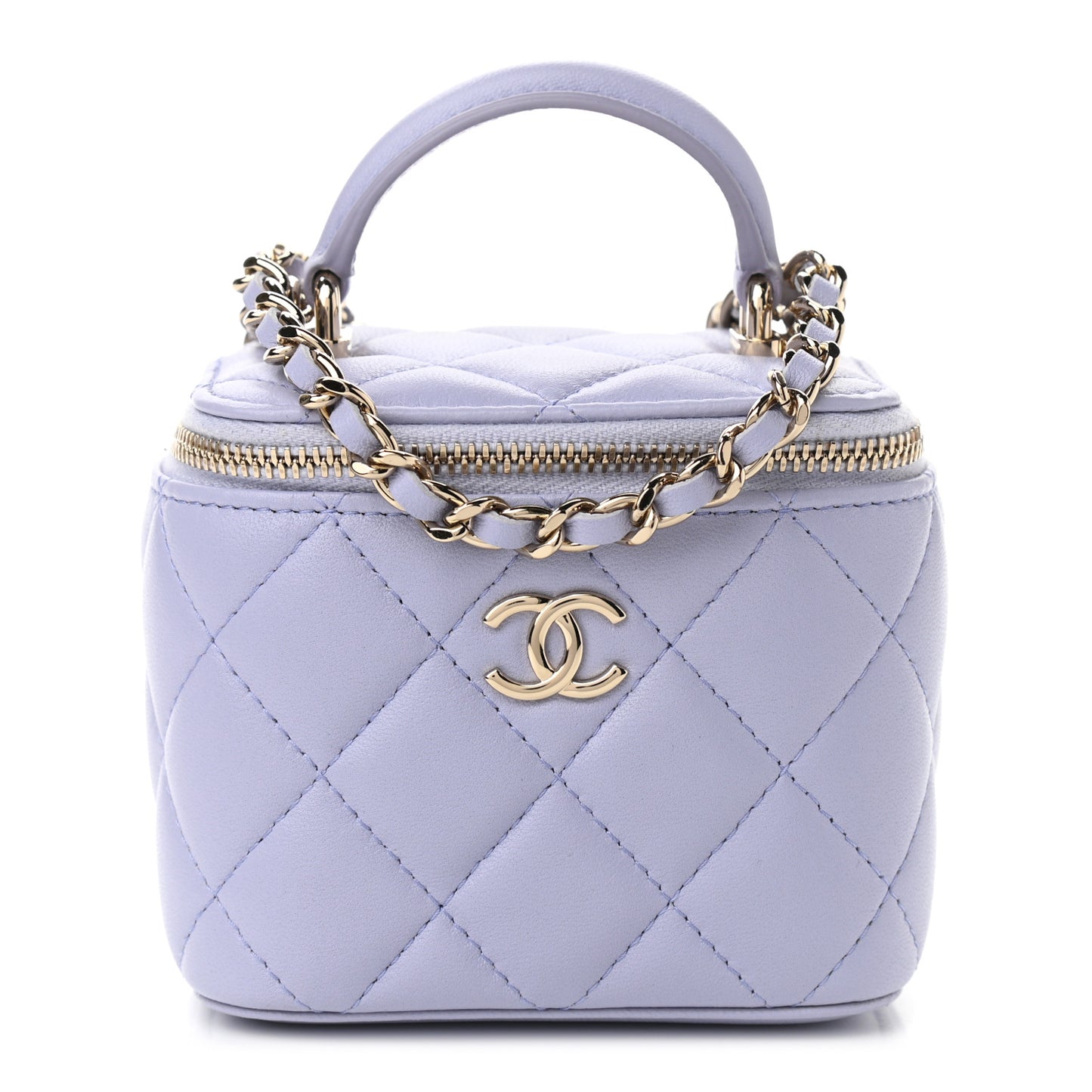 Lambskin Quilted Top Handle Mini Vanity Case With Chain Light Purple