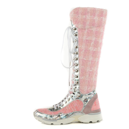 Chanel Tweed Suede Calfskin Sneaker High Boots 37 Pink 1 of 8