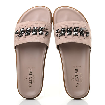 Valentino Garavani Suede Chain Flat Slide Sandals 37 Poudre 5 of 7