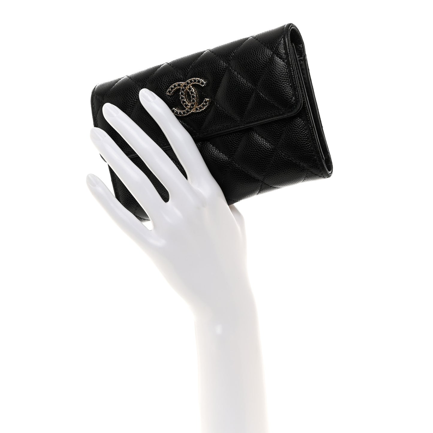 Caviar Quilted Crystal CC Medium Flap Wallet Black