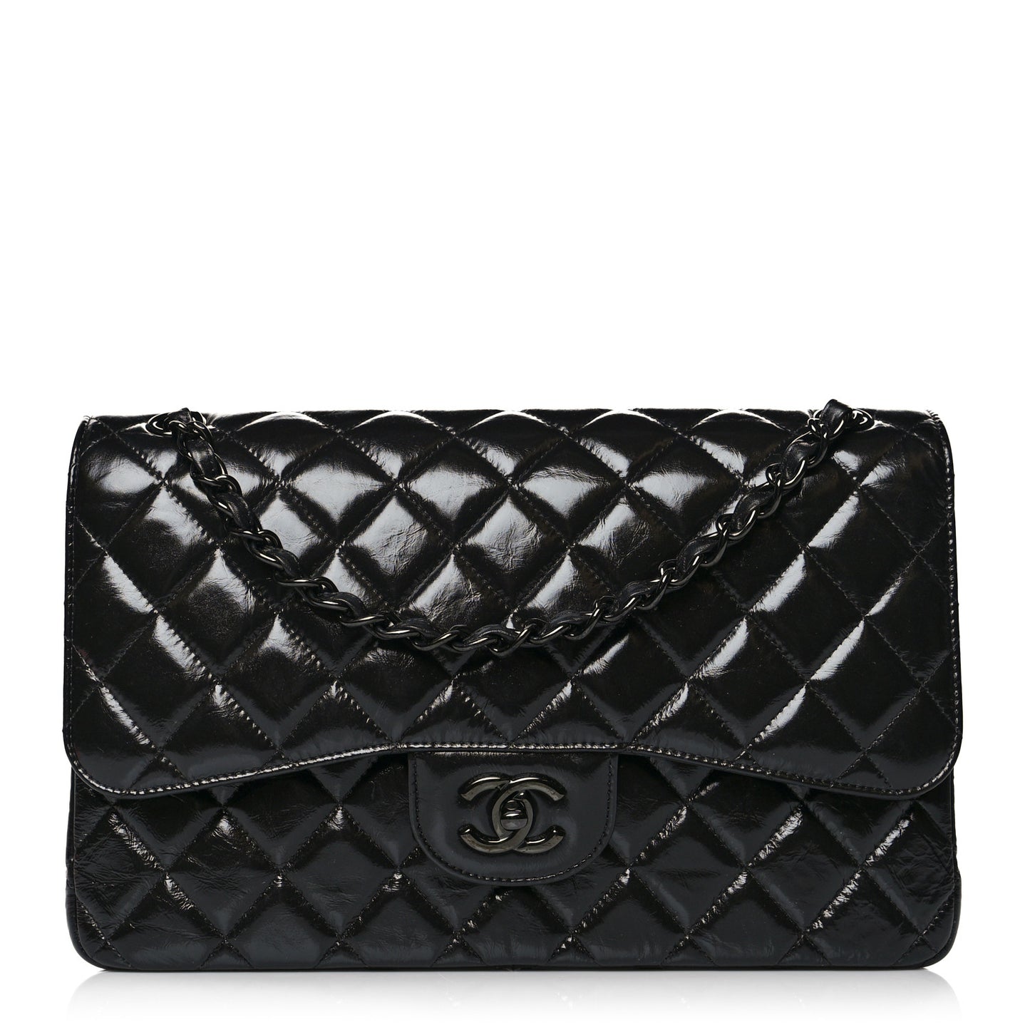 Shiny Distressed Calfskin Quilted Jumbo Double Flap So Black