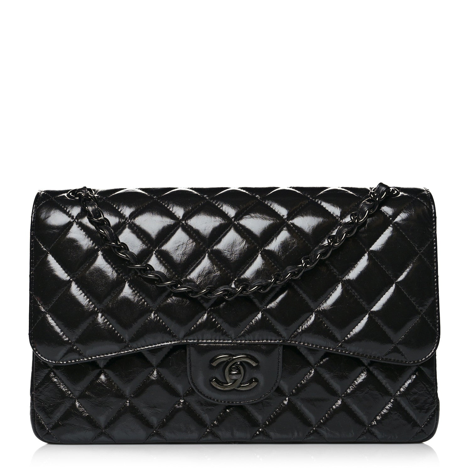 Chanel Shiny Distressed Calfskin Quilted Jumbo Double Flap So Black 1 of 10