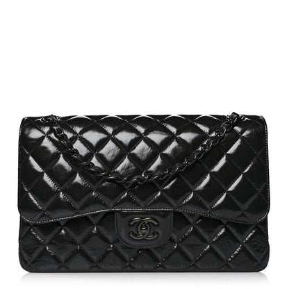 Chanel Shiny Distressed Calfskin Quilted Jumbo Double Flap So Black 1 of 10